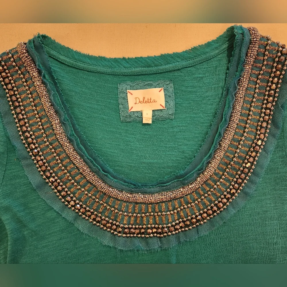 Anthropologie Delleta Green Beaded Top sz S Shirt Blouse teal boho maximalist - Picture 6 of 6